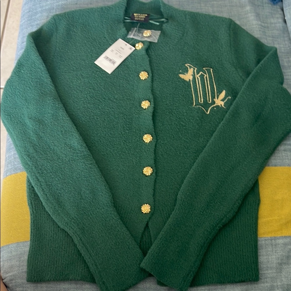 Green and Gold Cardigan with High Collar and Embroidery